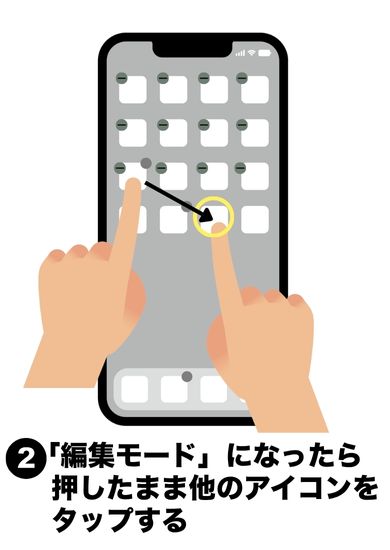 ②編集モードになったら押したまま他のアイコンをタップ