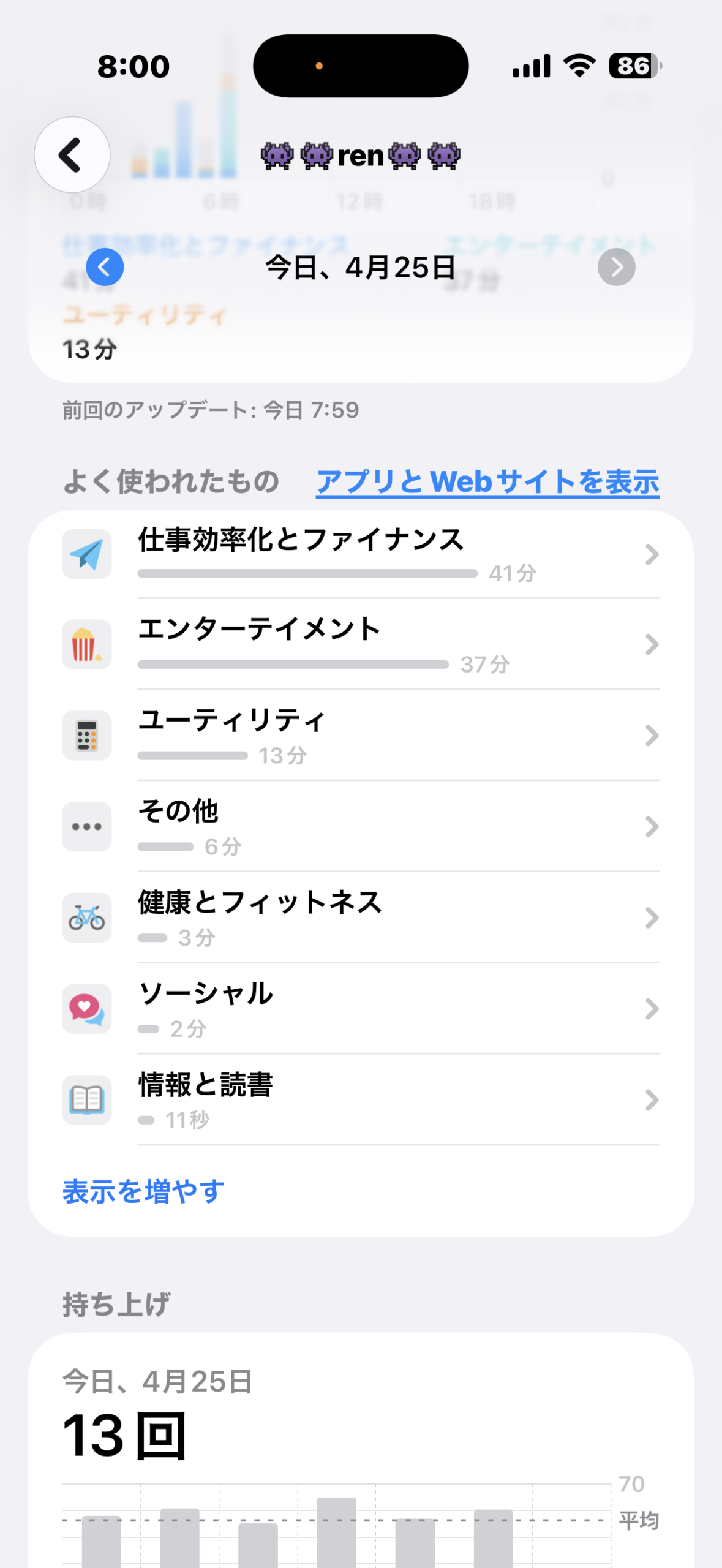 カテゴリ別使用時間とアプリ一覧