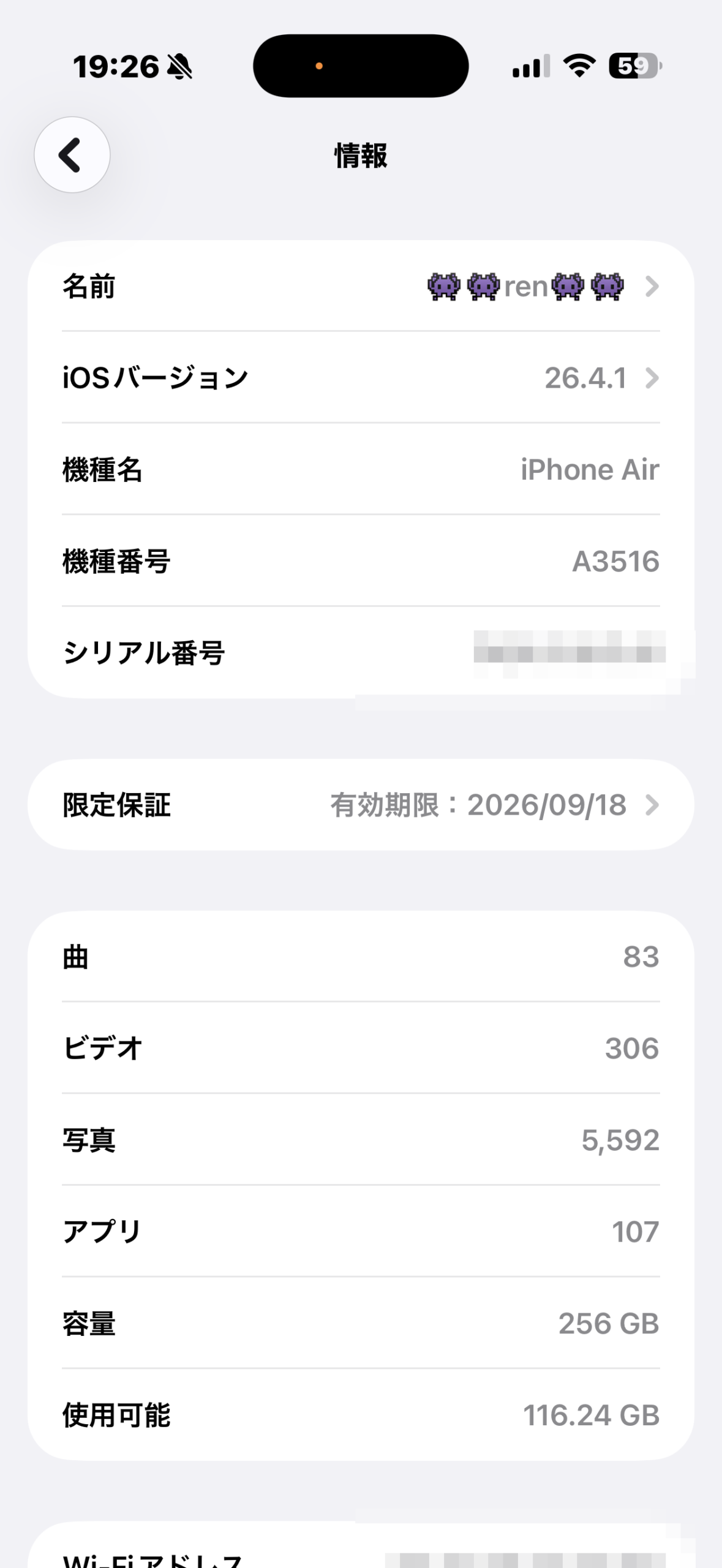 iPhoneの情報画面・機種番号表示