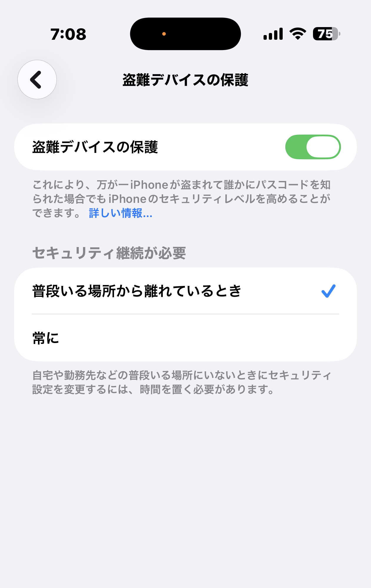 盗難デバイスの保護をオンにした設定画面