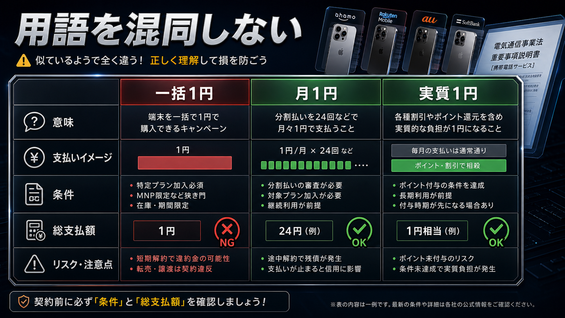 一括1円vs月々1円vs実質1円