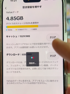 TikTokキャッシュ削除画面(4.85GB / キャッシュ1529.1MB)