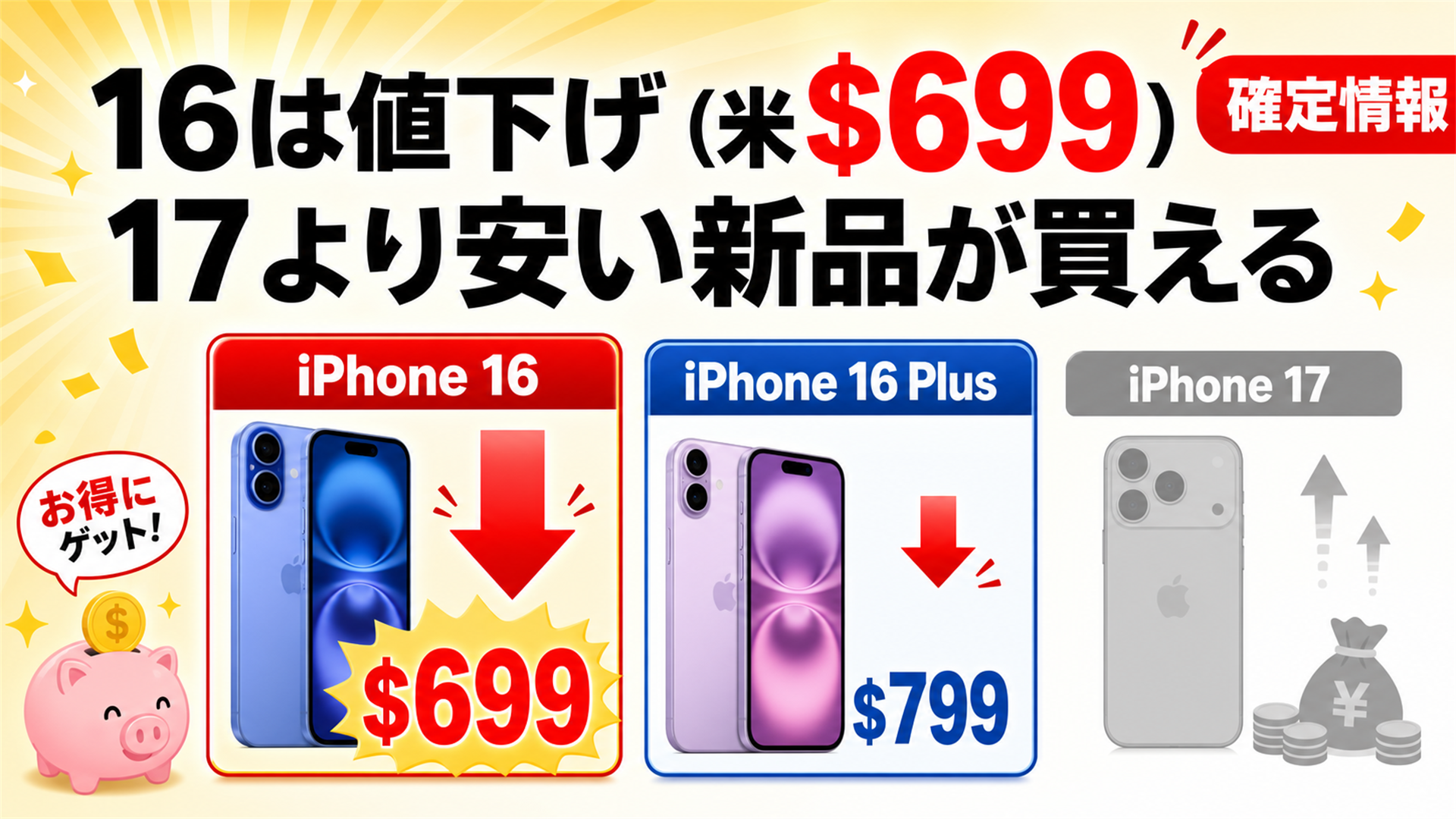 型落ちiPhone 16は米699ドルに値下げ併売
