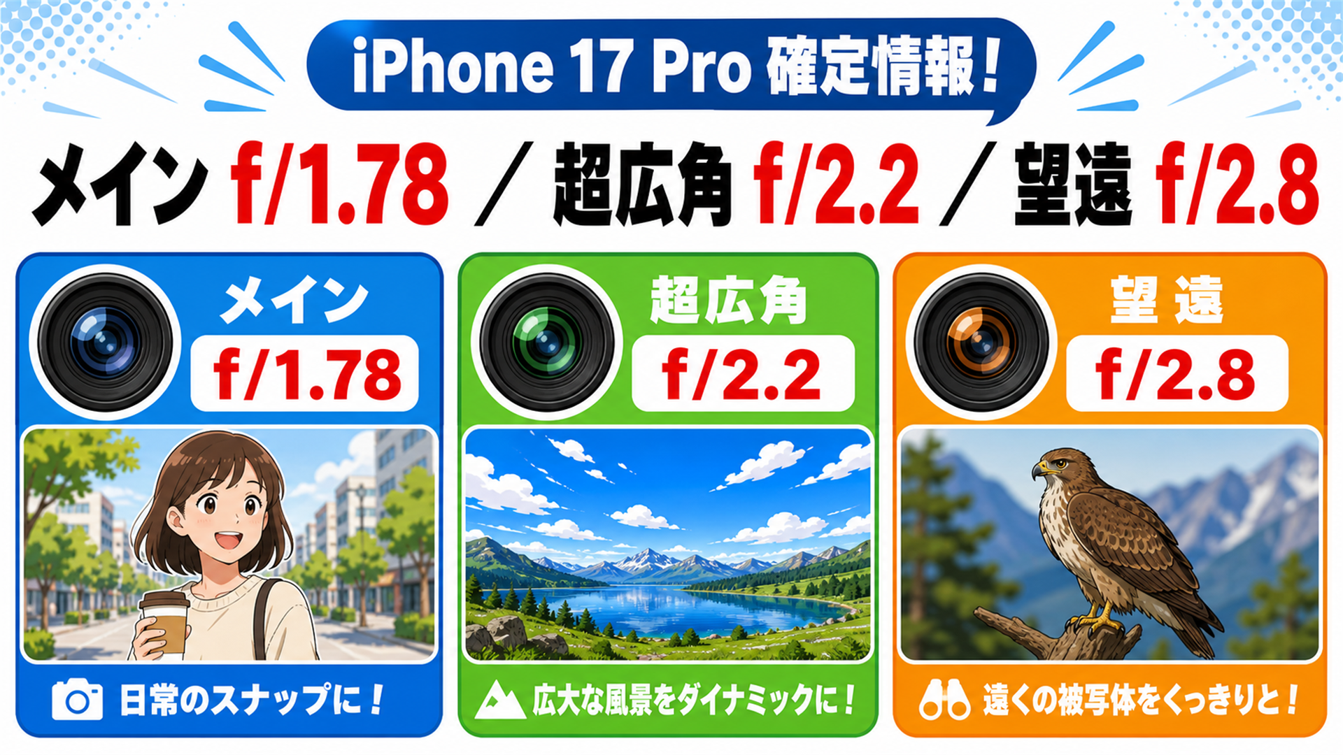 17 Proのf値 メインf1.78 超広角f2.2 望遠f2.8