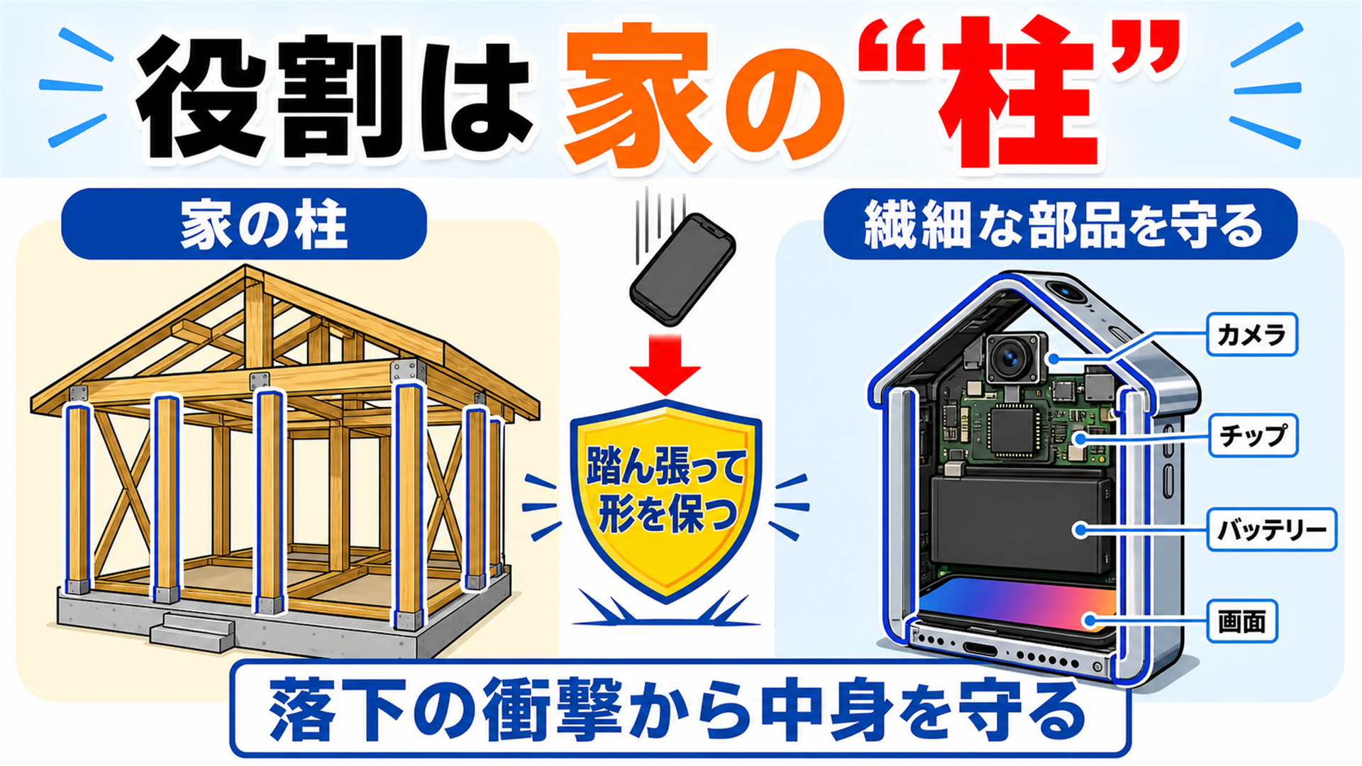 フレームはiPhoneの家の柱 中の部品を衝撃から守り形を保つ