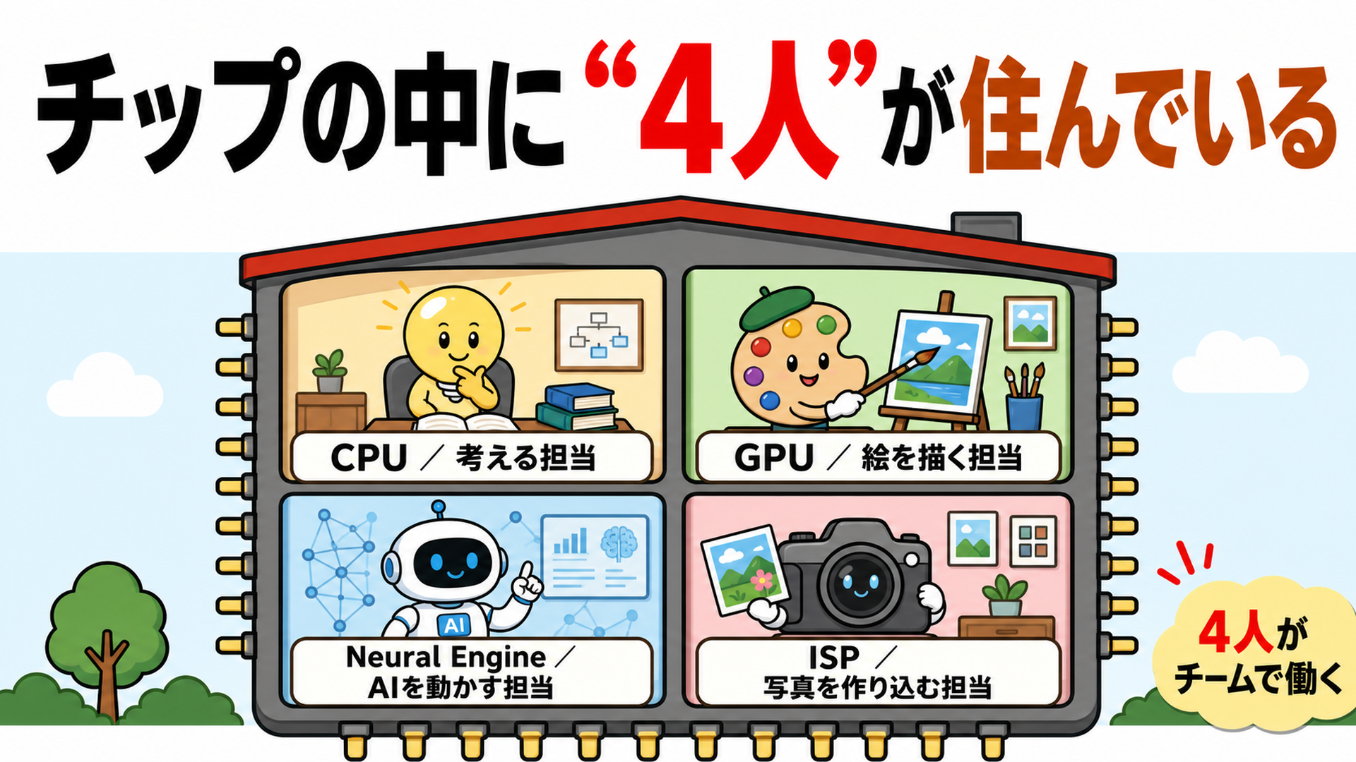 チップの中の4担当 CPU考える GPU絵を描く Neural Engine AI ISP写真
