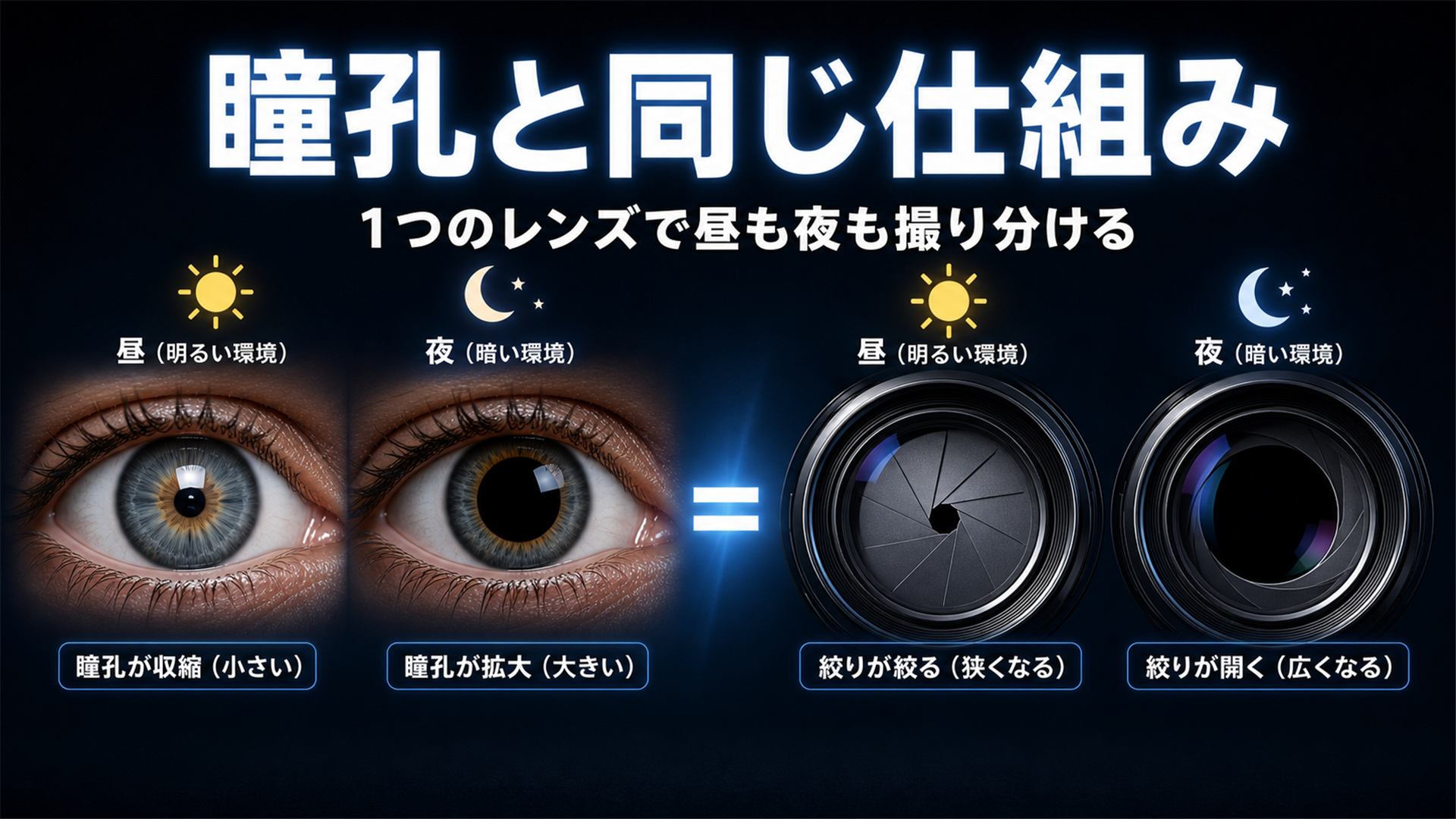 18の可変絞りは目の瞳孔と同じ 明るいと絞られ暗いと大きく開く