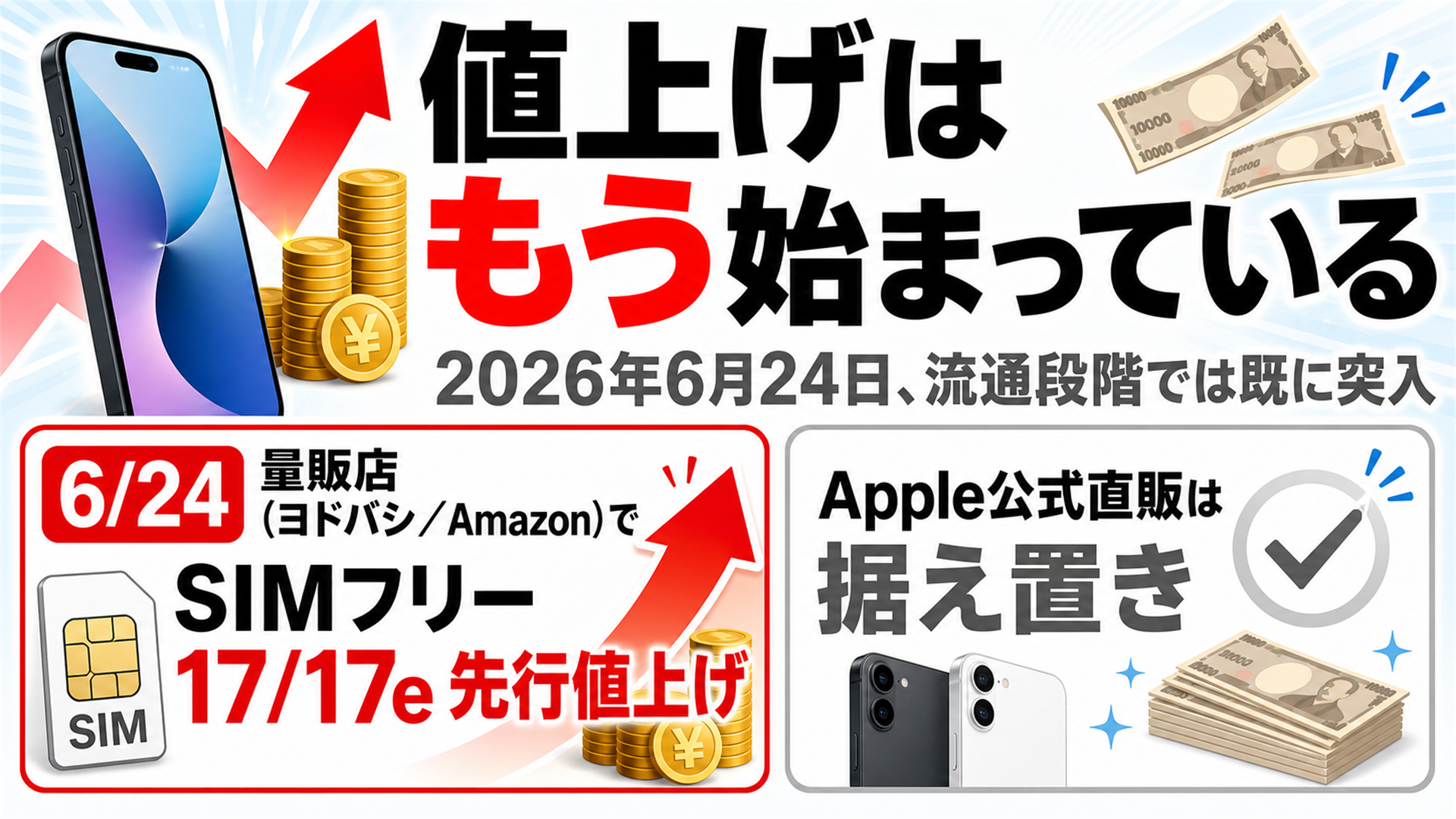 2026年6月24日から量販店でSIMフリー17と17eが先行値上げ開始