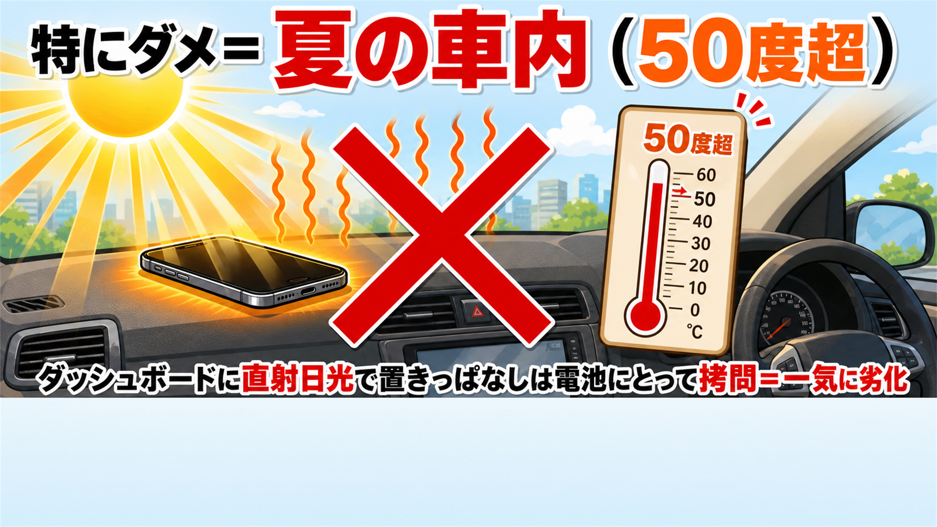 夏の車内は50度超で電池には拷問 直射日光と車内放置は絶対NG