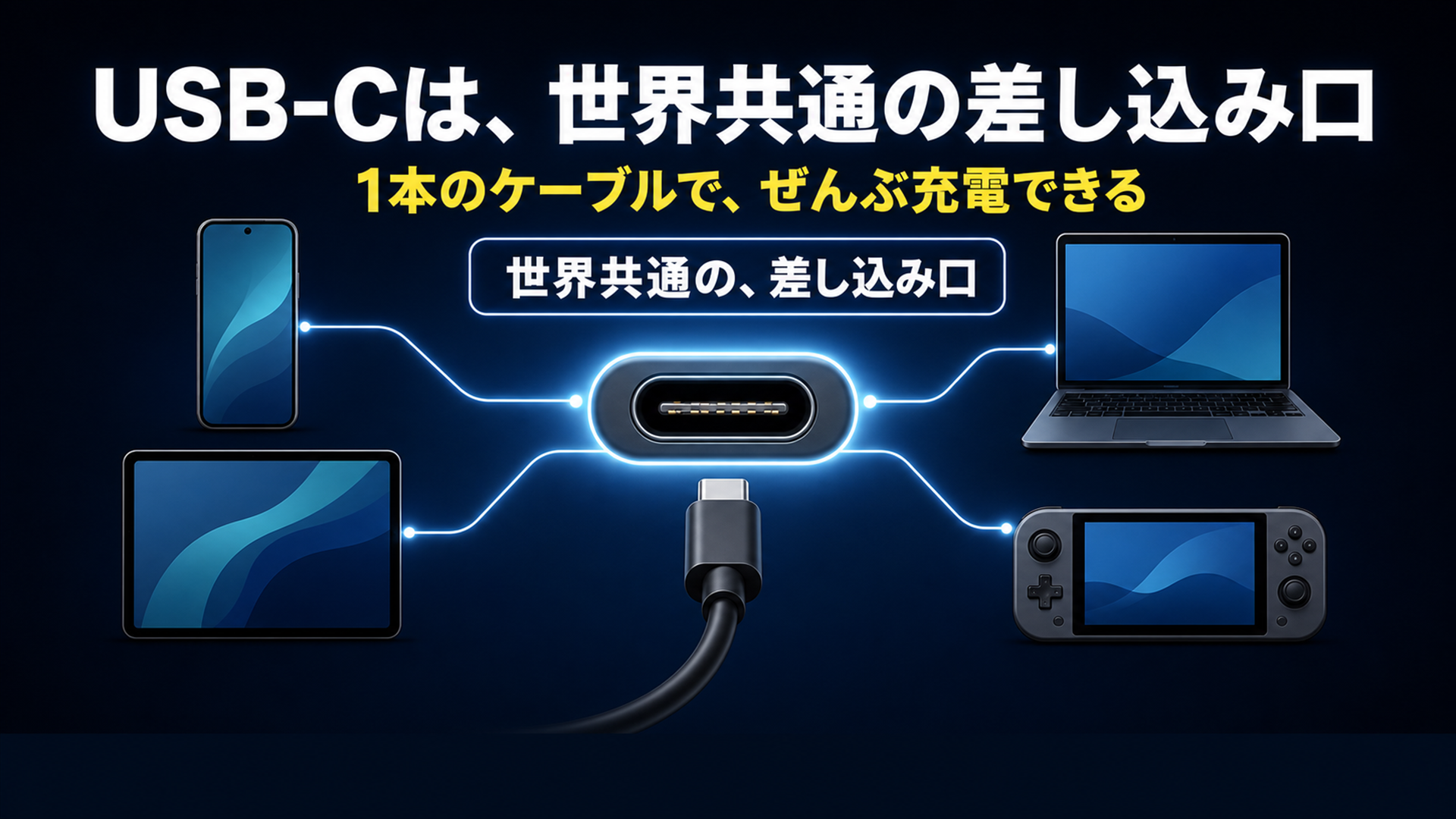 USB-Cは世界共通の差し込み口 Androidや iPadや PCと同じケーブル1本で充電