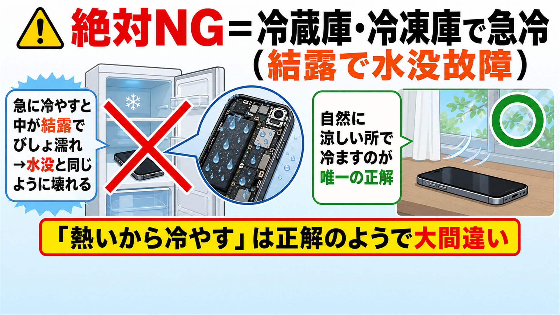 絶対NG 冷蔵庫や冷凍庫で急に冷やすと結露で水没同然に壊れる