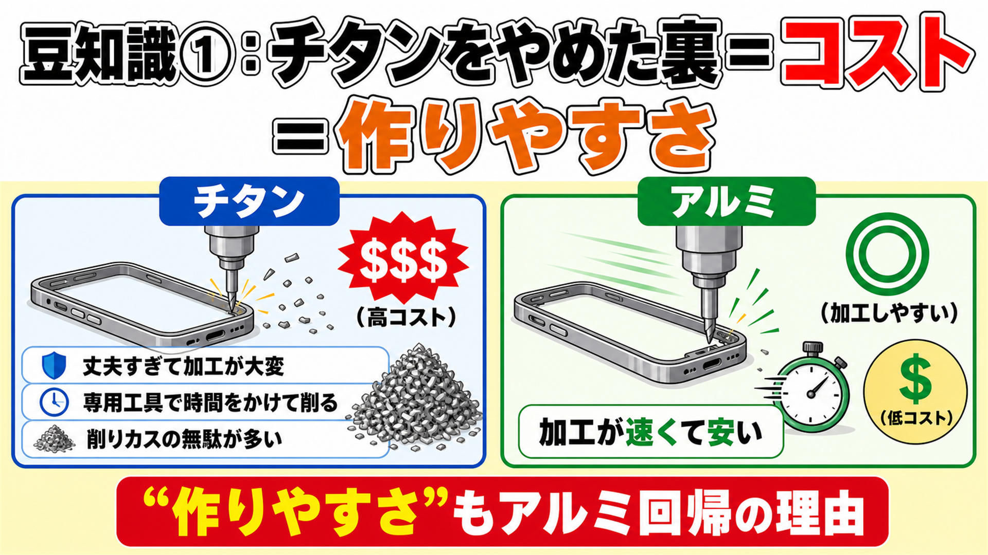 チタンをやめた裏話 加工が大変で削りカス多くコスト高 アルミは速くて安い