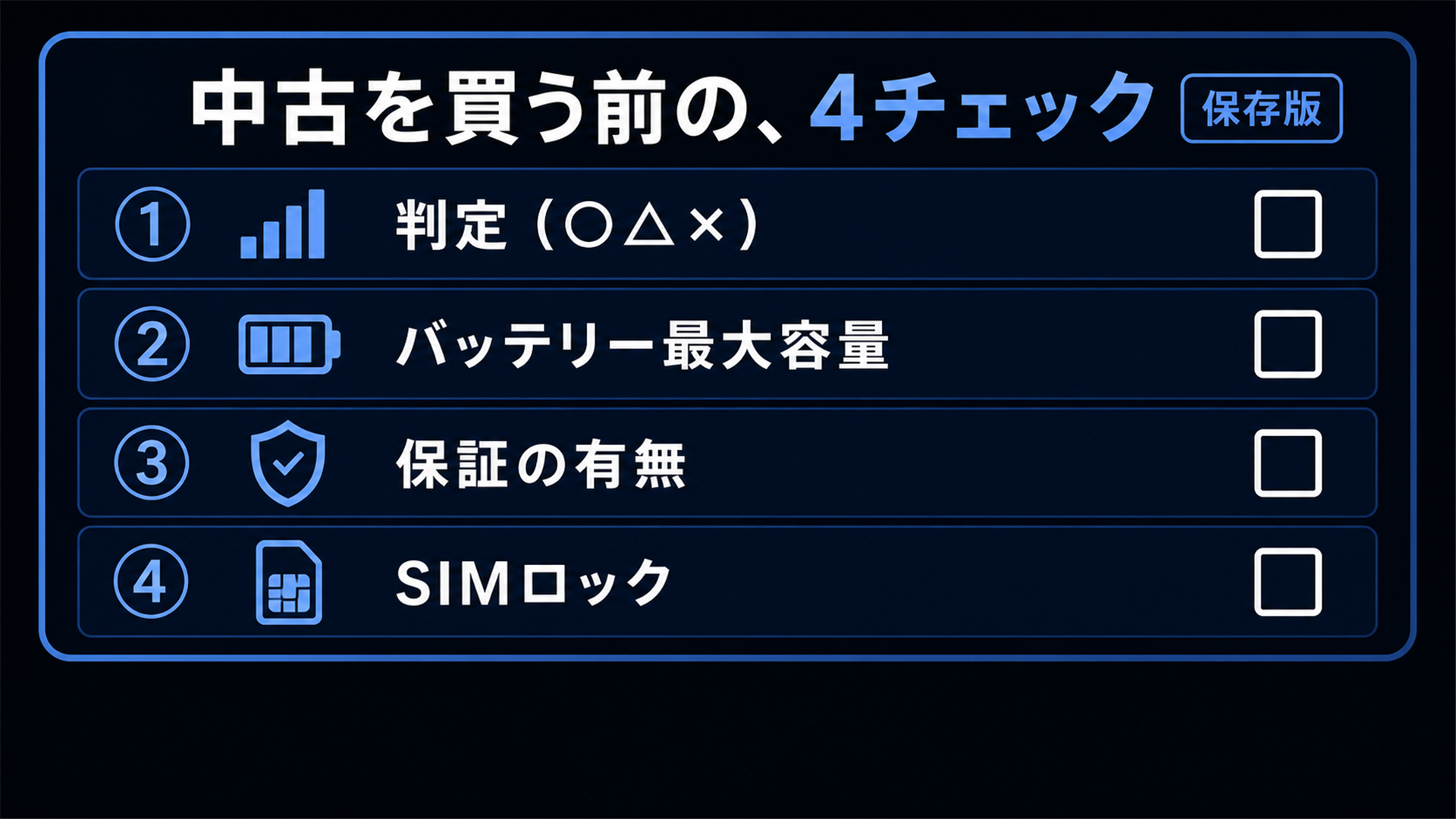 中古購入前の4チェック 判定 バッテリー 保証 SIMロック