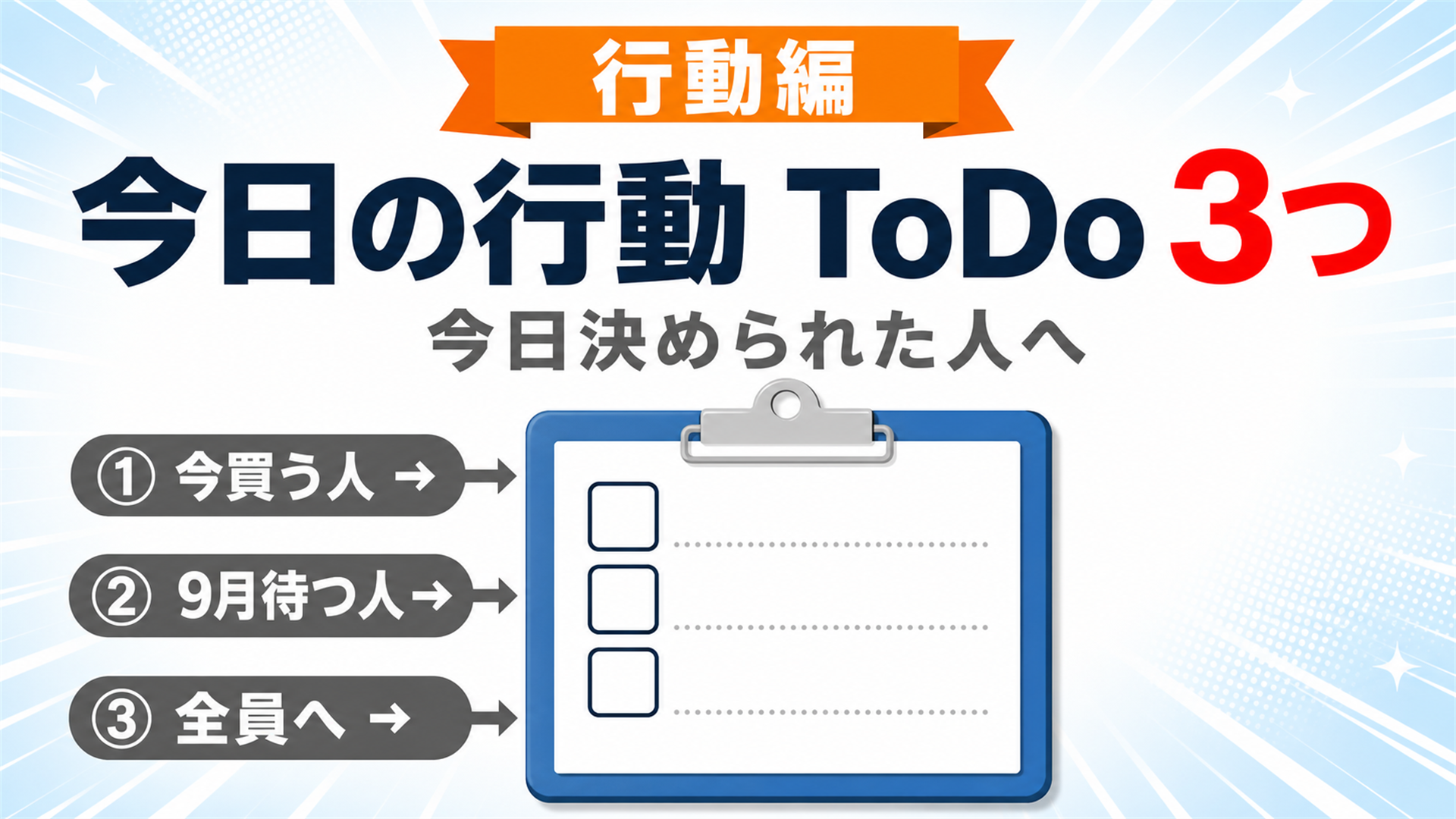 今日やること3つ 今買う人 9月まで待つ人 全員は通信費見直し