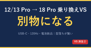 iPhone 12/13 Proから18 Proに変えると別物 乗り換えVS 派生② USB-C 120Hz 電池新品 型落ちも十分