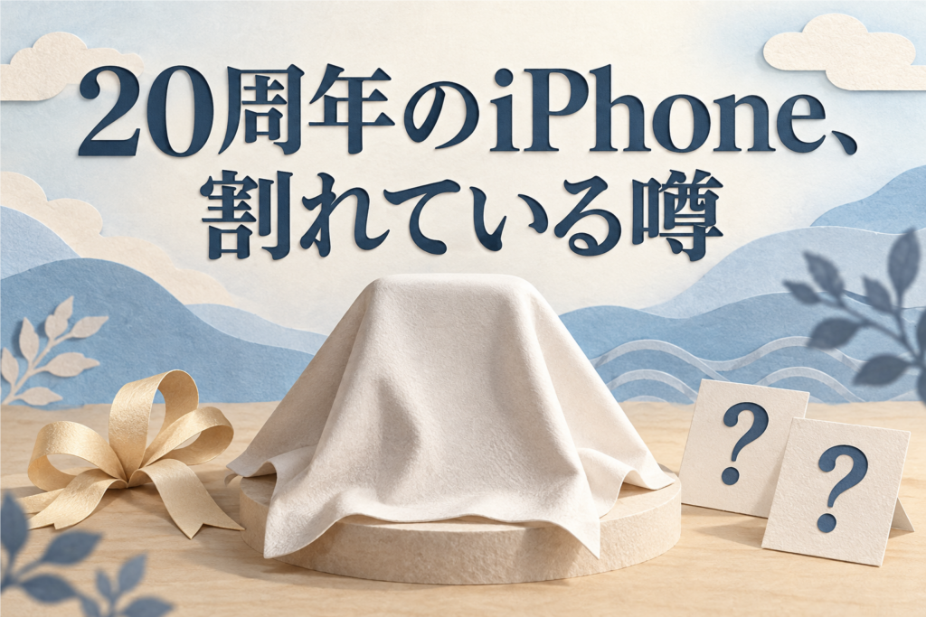 「20周年のiPhone、割れている噂」と書かれたアイキャッチ。布をかぶせた台と、はてなマークの札が2枚
