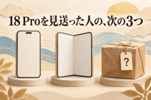 「18 Proを見送った人の、次の3つ」と書かれたアイキャッチ。紙のスマートフォン、2つ折りのスマートフォン、はてなの札がついた箱