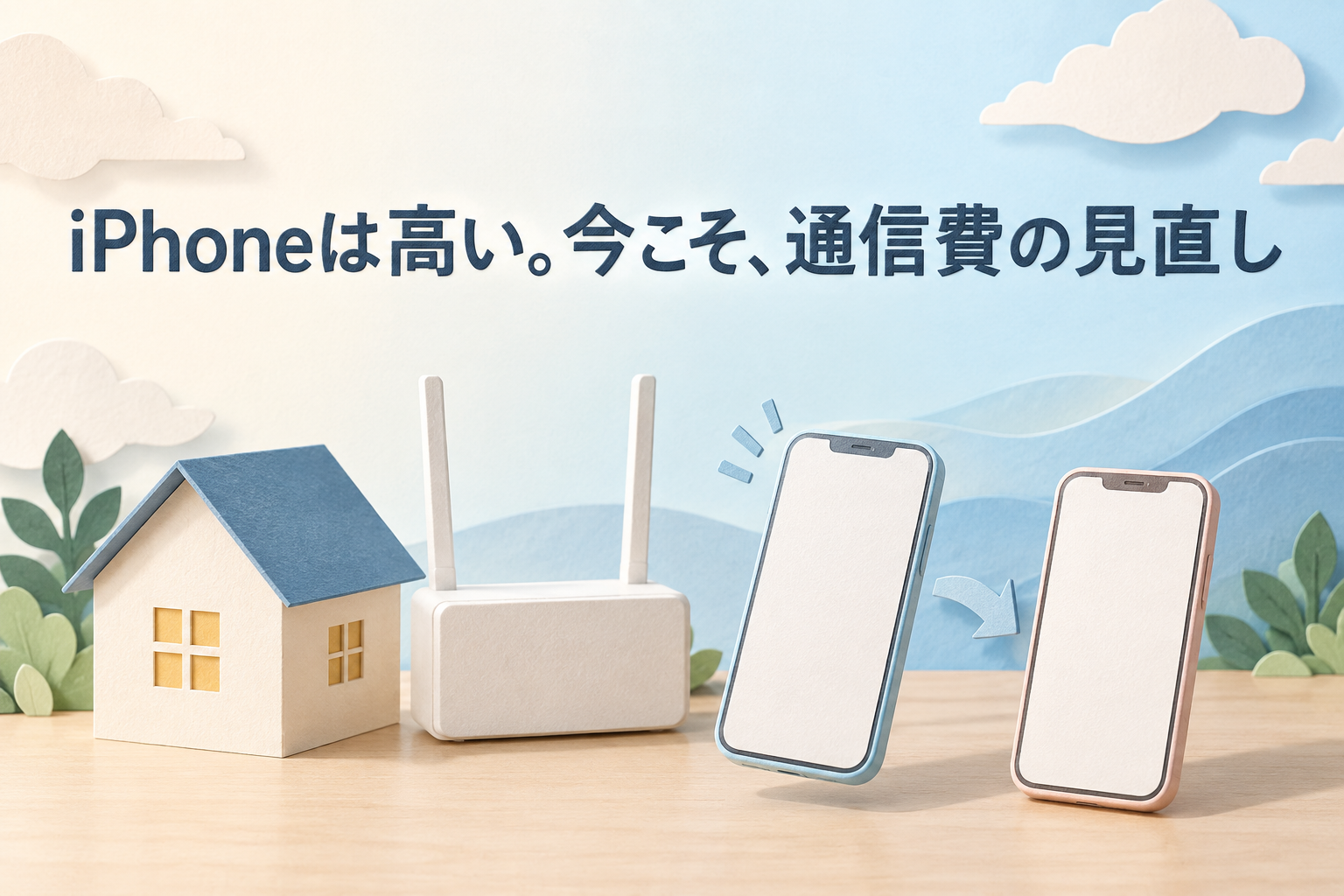 「iPhoneは高い。今こそ、通信費の見直し」と書かれたアイキャッチ。紙で作った家とWi-Fiルーター、2台のスマートフォン