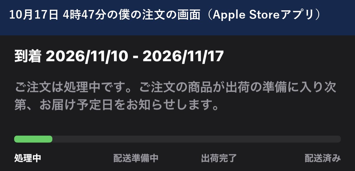 注文の画面:到着 2026/11/10 - 2026/11/17・処理中