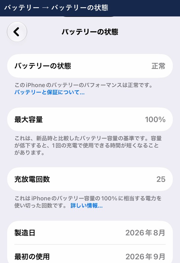 バッテリーの状態（最大容量100%・充放電回数25）