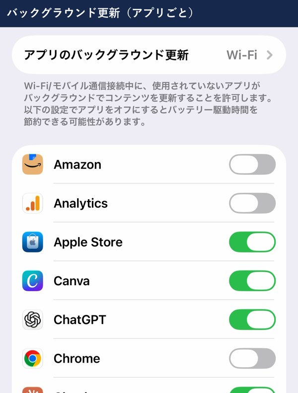 アプリごとのバックグラウンド更新